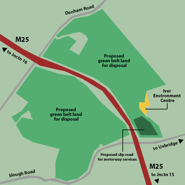 Map showing proposed green belt land for disposal and Iver Environment Centre
